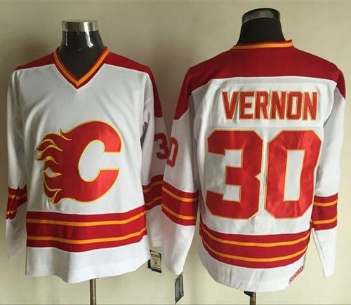 Flames #30 Mike Vernon White CCM Throwback Stitched NHL Jersey - Click Image to Close
